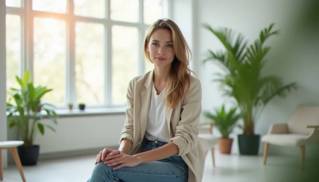 Jeune femme sereine dans une salle d'attente gynécologique lumineuse, illustrant le sujet d'aller chez le gynéco quand on a ses règles sans appréhension
