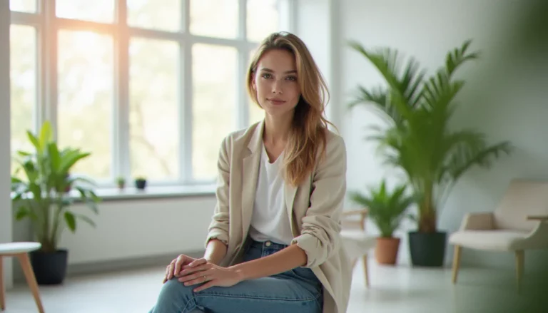Jeune femme sereine dans une salle d'attente gynécologique lumineuse, illustrant le sujet d'aller chez le gynéco quand on a ses règles sans appréhension