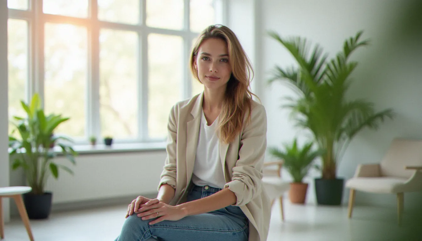 Jeune femme sereine dans une salle d'attente gynécologique lumineuse, illustrant le sujet d'aller chez le gynéco quand on a ses règles sans appréhension