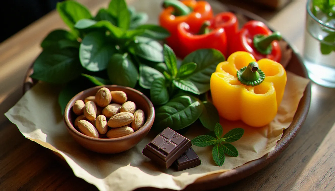 Aliments riches en magnésium et vitamine C disposés sur une table en bois clair, pour soutenir la réduction du cortisol par une alimentation anti-stress adaptée