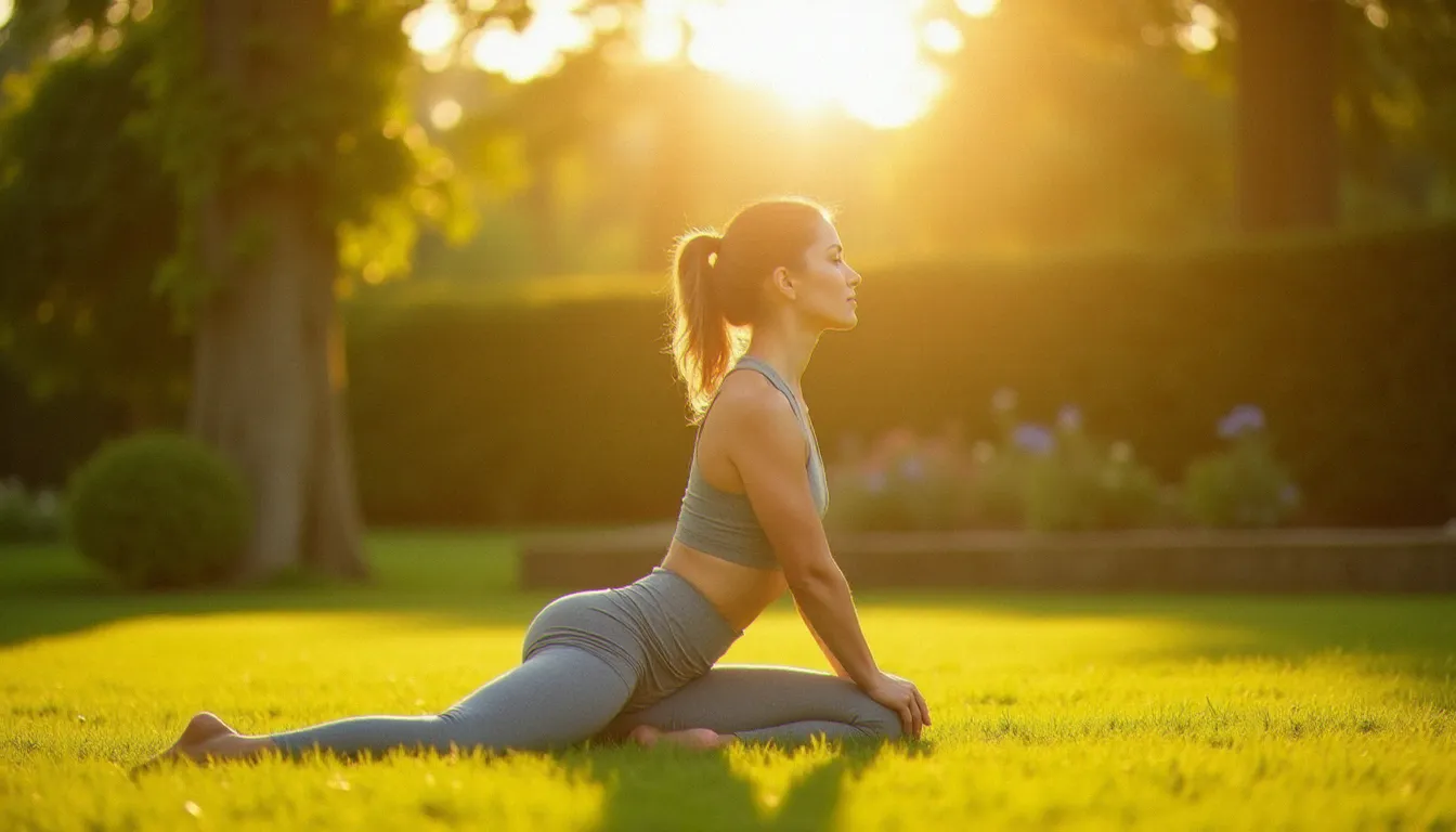 Femme pratiquant une activité physique douce en plein air au coucher du soleil pour réduire le cortisol, dans une atmosphère de détente et de reconnexion