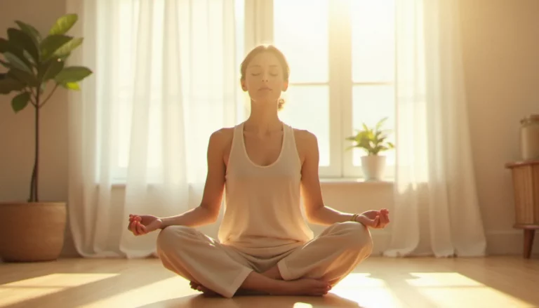 Femme en méditation matinale dans un intérieur lumineux et apaisant, une pratique recommandée pour faire baisser le cortisol naturellement