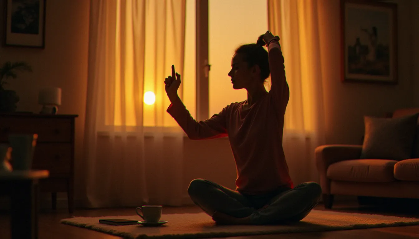 Femme pratiquant le yoga en soirée dans un environnement lumineux doux pour préserver son cycle circadien et son équilibre hormonal