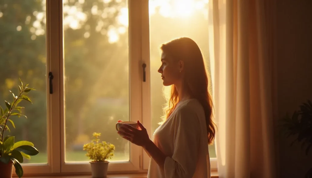 Femme se levant le matin à la lumière naturelle pour synchroniser son cycle circadien et réguler ses hormones