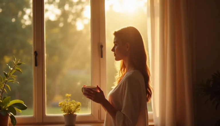 Femme se levant le matin à la lumière naturelle pour synchroniser son cycle circadien et réguler ses hormones