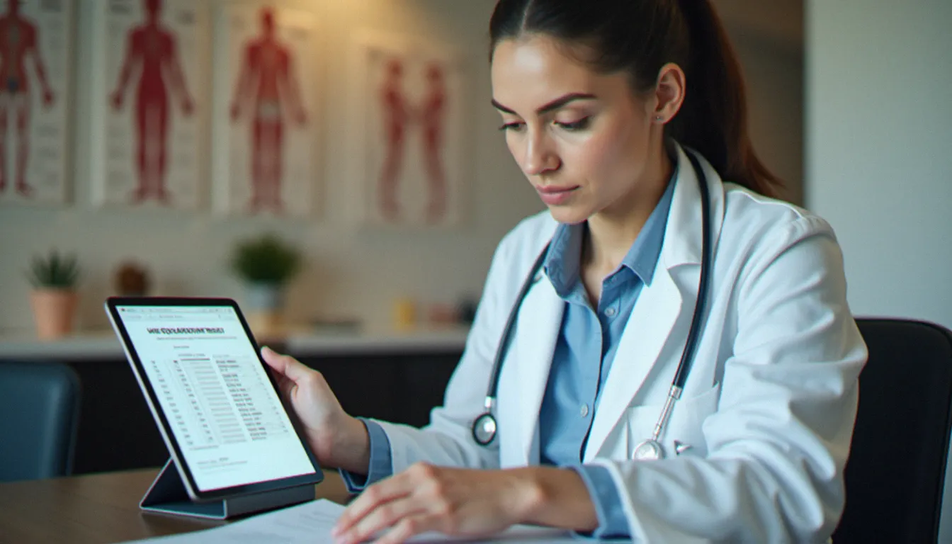 Médecin endocrinologue analysant un bilan hormonal féminin, illustrant l'évaluation des hormones en lien avec le morphotype