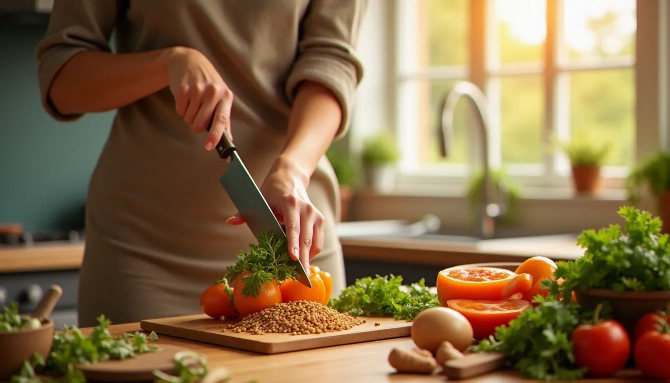 Femme préparant un repas équilibré adapté à son profil hormonal endomorphe, avec légumes crucifères, légumineuses et poisson riche en oméga-3