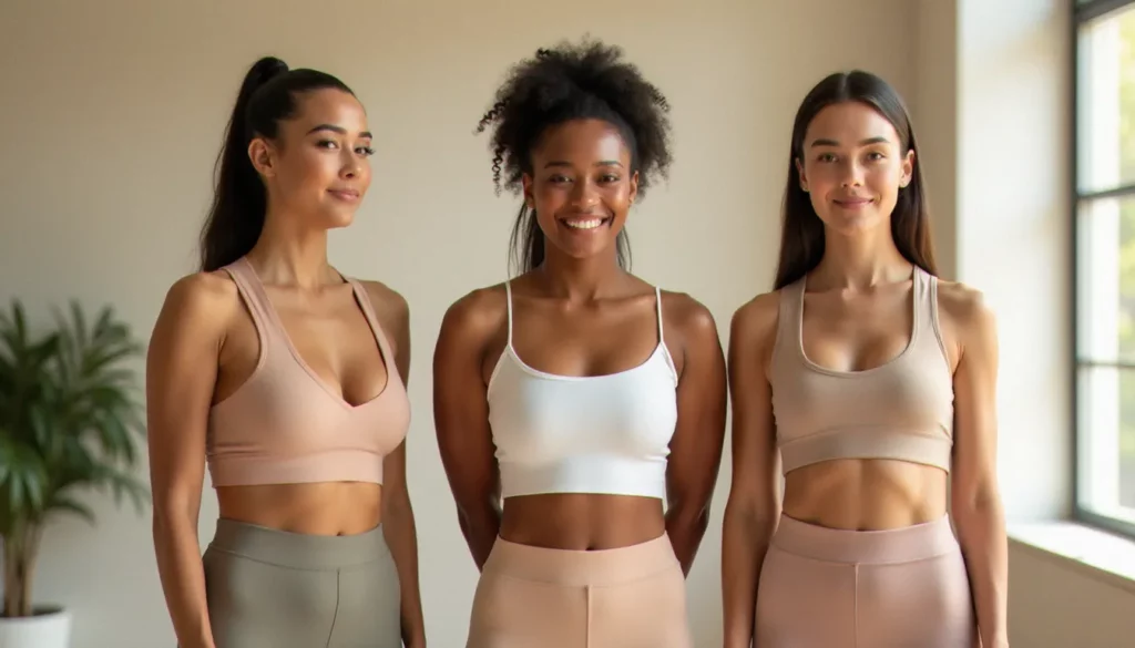 Trois femmes aux morphotypes distincts — ectomorphe, endomorphe et mésomorphe — illustrant la diversité des constitutions corporelles féminines et leur lien avec l'équilibre hormonal