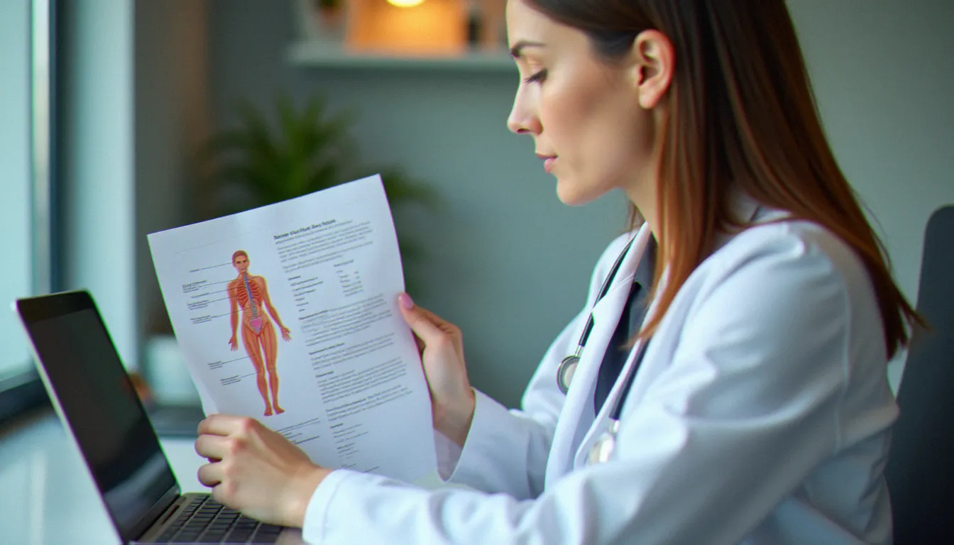 Endocrinologue analysant un bilan hormonal féminin illustrant le lien entre morphotype et profil endocrinien