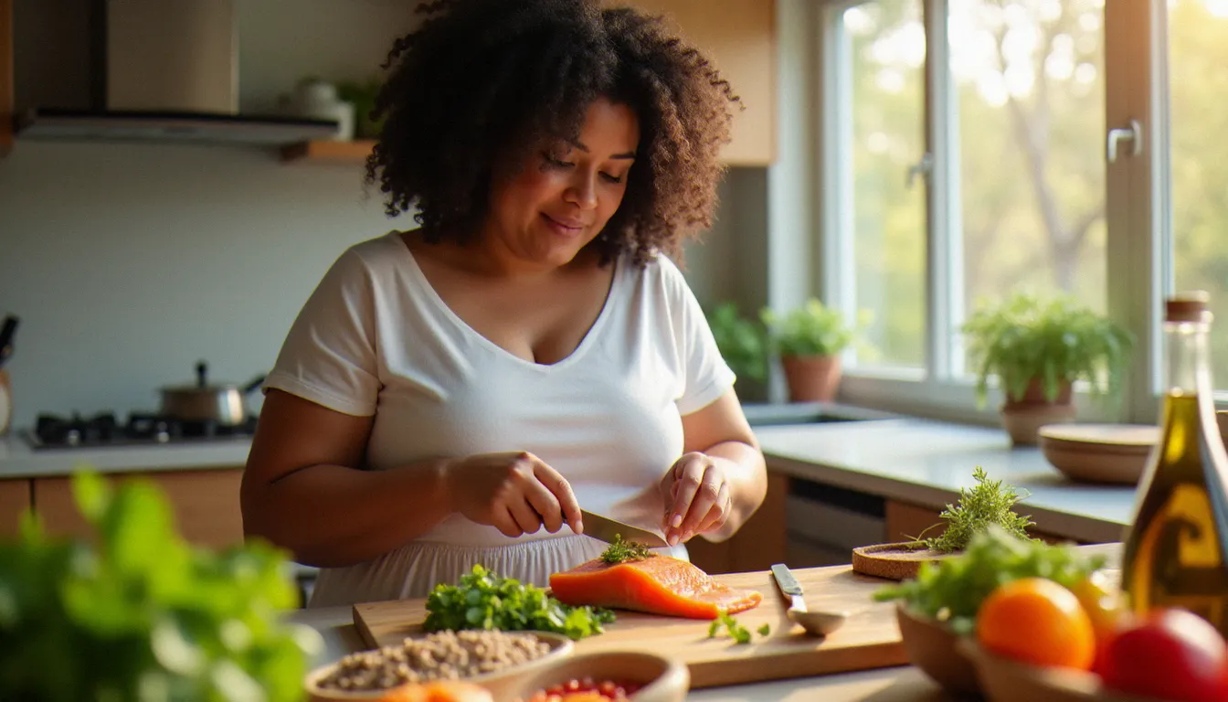Femme endomorphe préparant un repas à faible index glycémique pour soutenir son équilibre hormonal et réduire la résistance à l'insuline