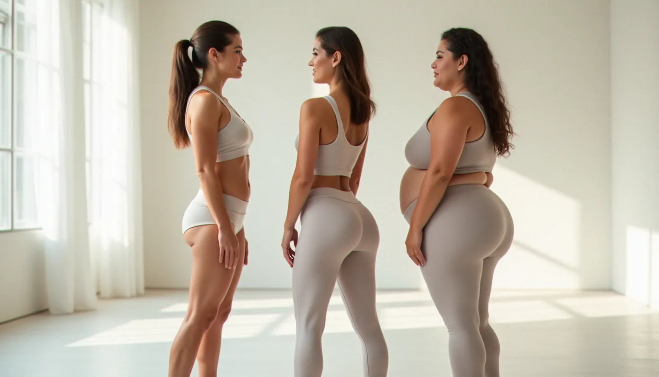 Trois femmes aux morphotypes ectomorphe, mésomorphe et endomorphe illustrant la diversité des types corporels féminins et leur relation avec les hormones