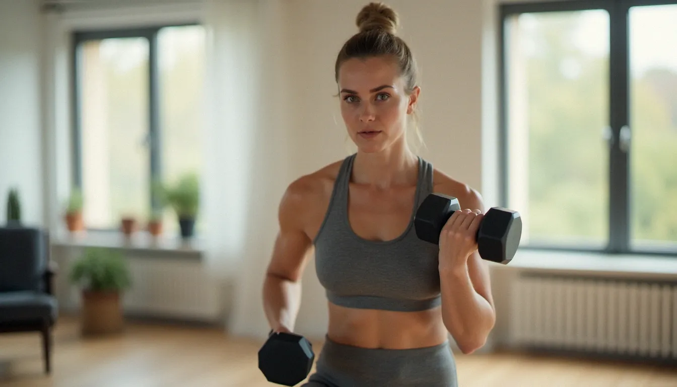 Femme pratiquant la musculation avec des haltères chez elle, activité physique prioritaire recommandée pour les femmes au profil endomorphe