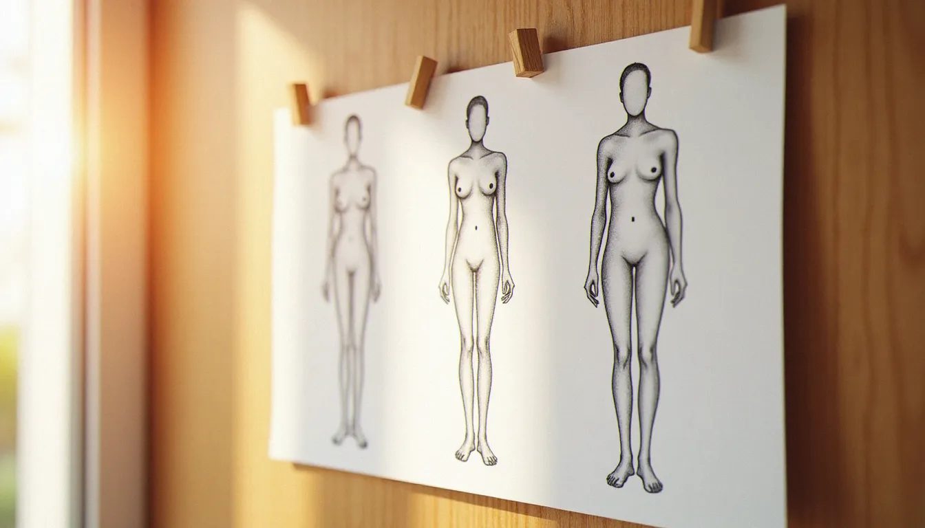 Comparaison visuelle en dessin des trois morphotypes féminins ectomorphe, mésomorphe et endomorphe, affichée sur un tableau en bois clair