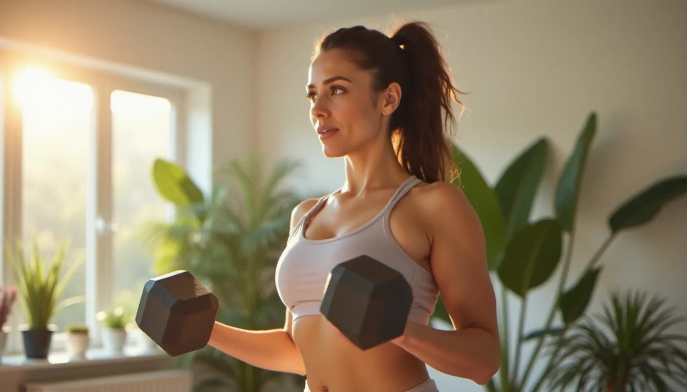 Femme au morphotype endomorphe pratiquant des exercices de musculation avec des haltères dans une salle de sport lumineuse, adaptant son entraînement à son profil physique