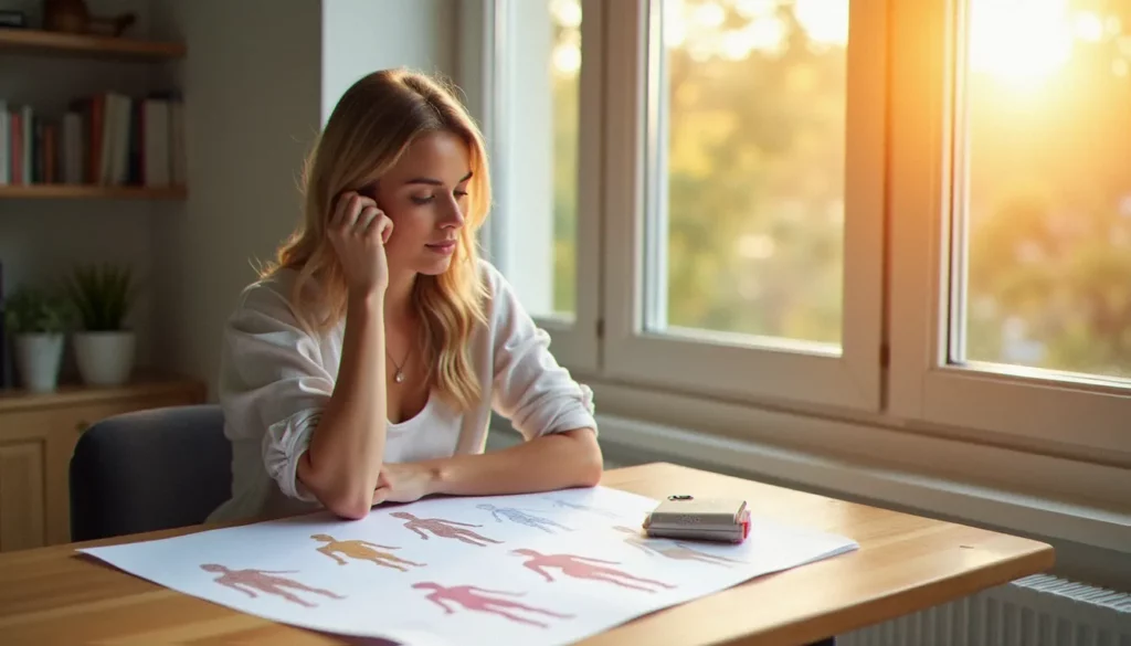 Femme étudiant des schémas illustrant les morphotypes corporels féminins dont la définition endomorphe, posés sur un bureau baigné de lumière naturelle