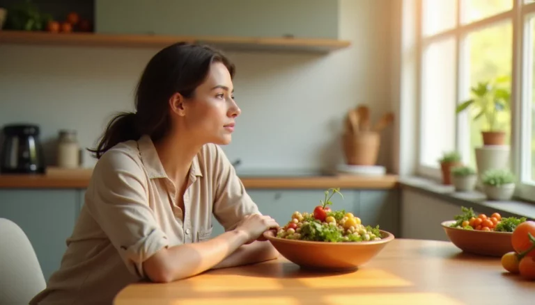 Femme endomorphe assise à une table devant une assiette équilibrée à faible indice glycémique, illustrant l'approche alimentaire adaptée à l'équilibre hormonal