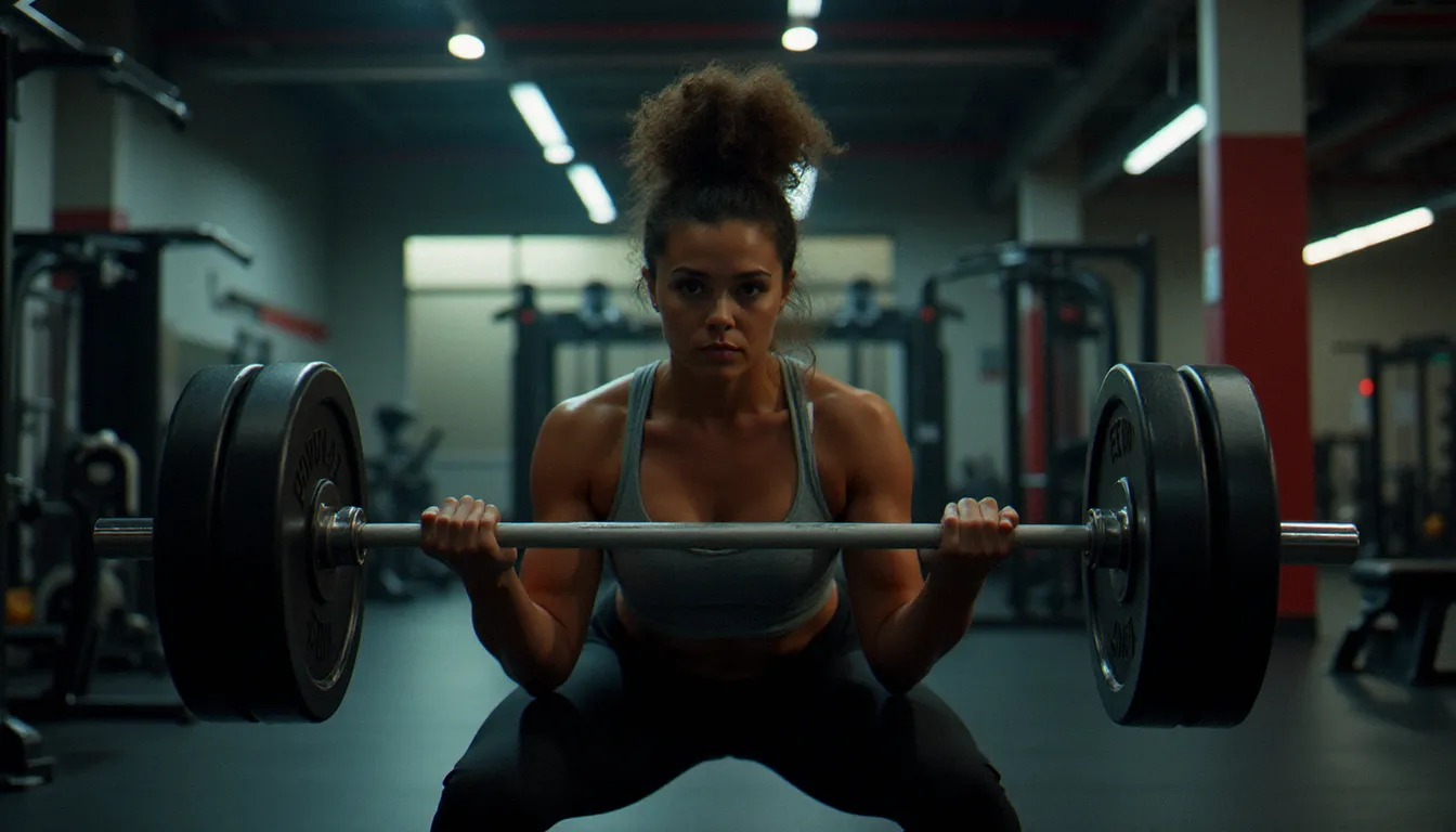 Femme endomorphe pratiquant la musculation avec des squats à la barre dans une salle de sport, activité physique recommandée pour améliorer la sensibilité à l'insuline et la composition corporelle
