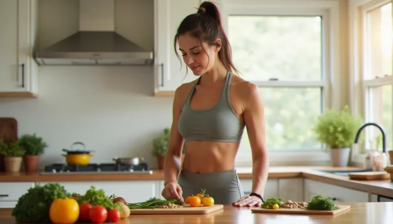 Femme endomorphe en bonne santé préparant un repas équilibré dans une cuisine lumineuse, illustrant l'approche nutritionnelle adaptée au morphotype endomorphe féminin
