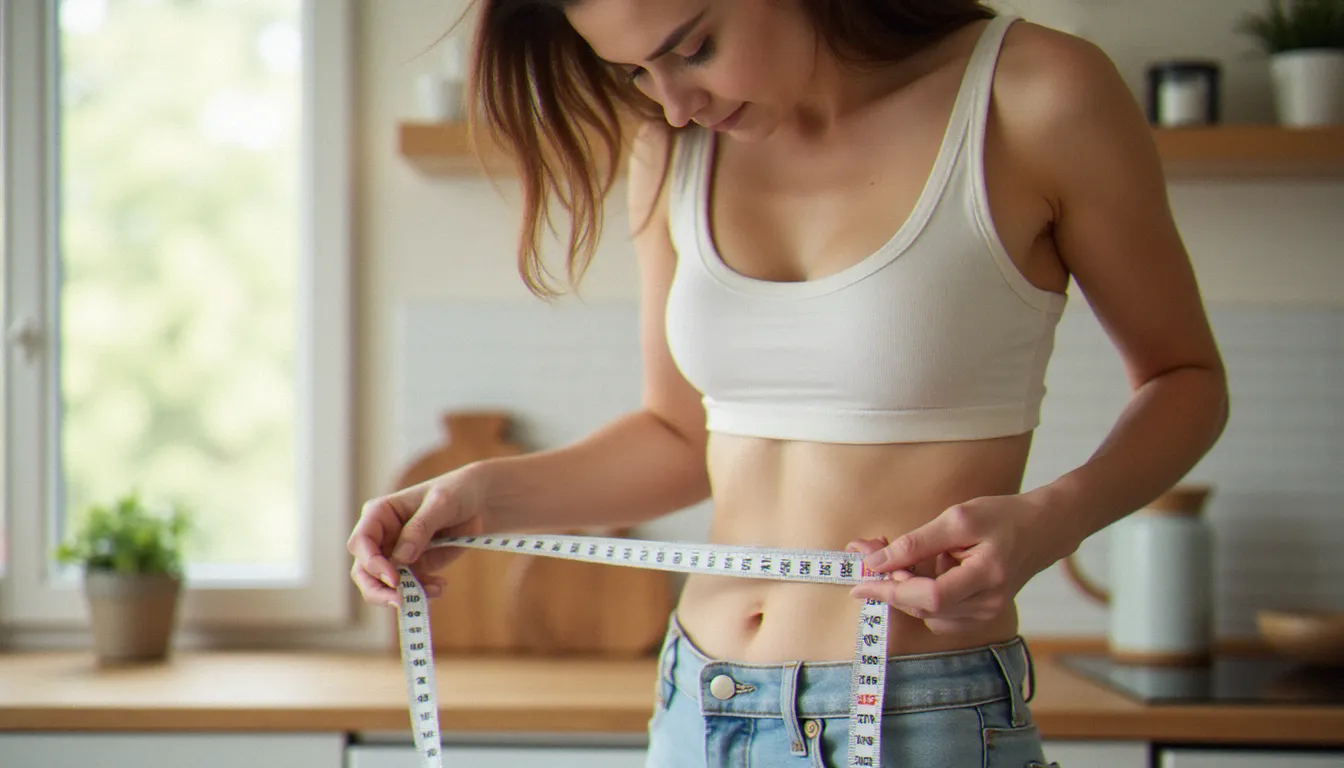 Femme mesurant son tour de taille pour identifier son type morphologique et évaluer les facteurs de risque hormonaux associés