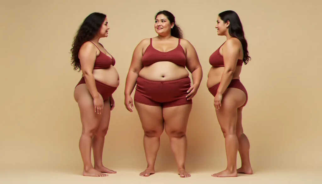Trois femmes représentant les somatotypes endomorphe, mésomorphe et ectomorphe côte à côte, illustrant la diversité morphologique et son lien avec les hormones féminines