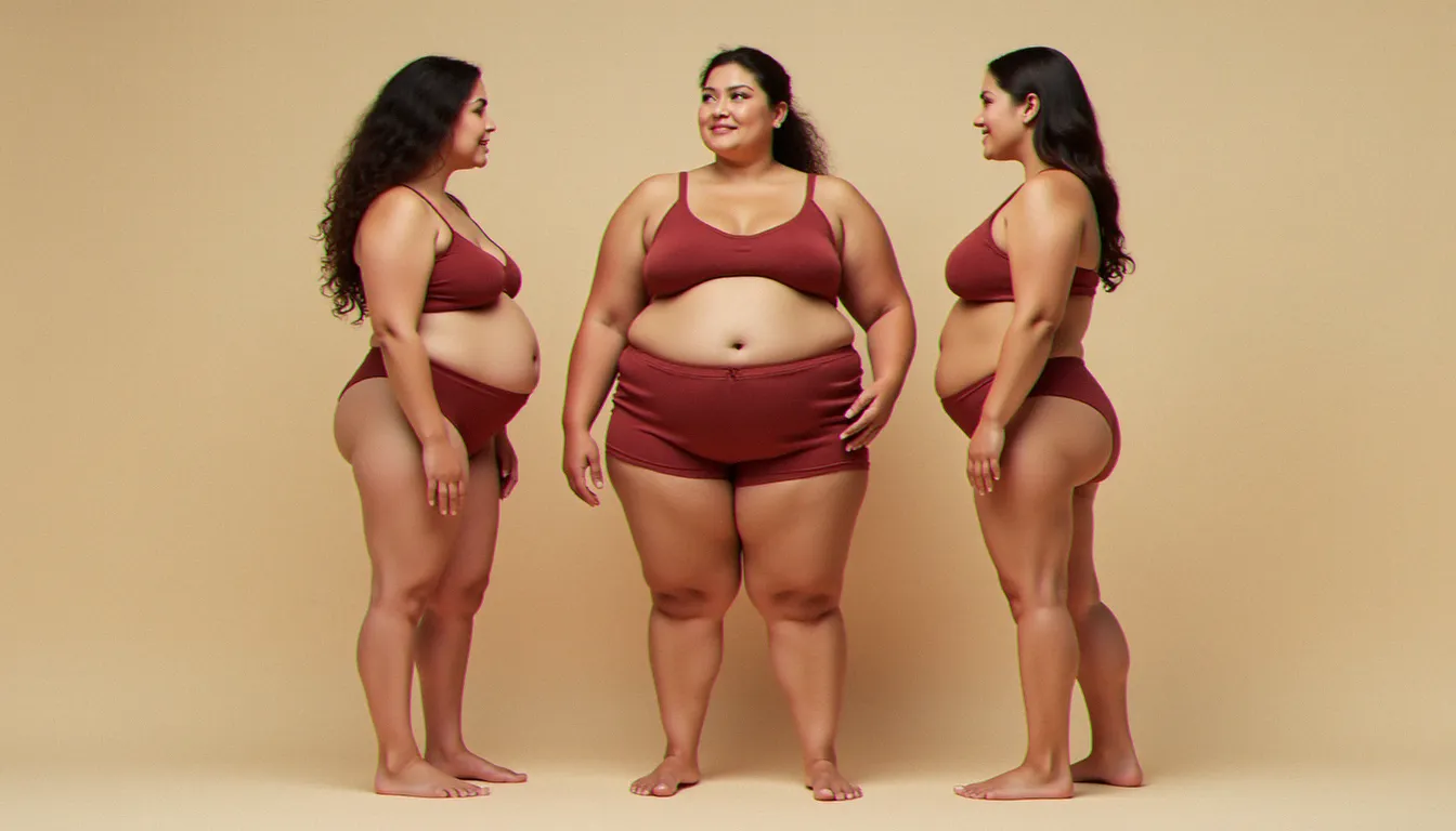 Trois femmes représentant les somatotypes endomorphe, mésomorphe et ectomorphe côte à côte, illustrant la diversité morphologique et son lien avec les hormones féminines