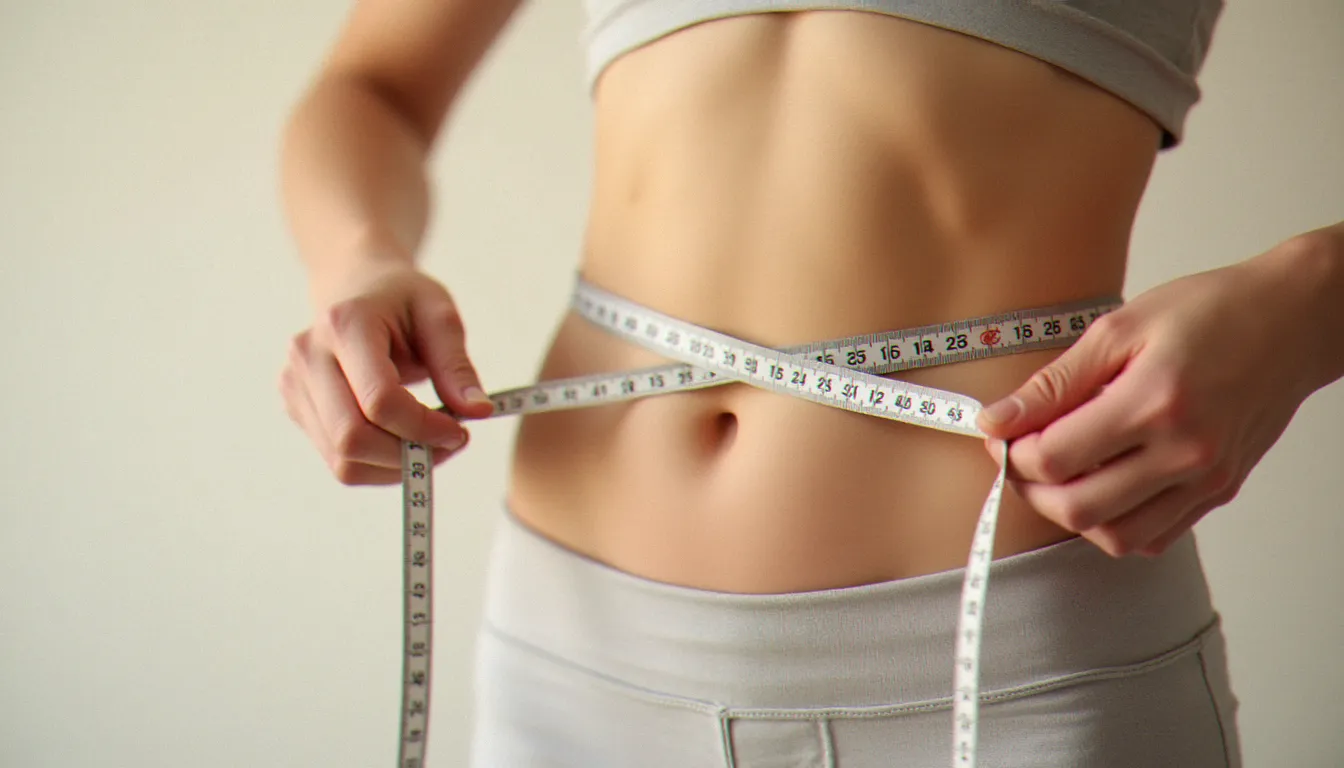 Mesure du tour de taille d'une femme à morphologie endomorphe, illustrant l'évaluation de la composition corporelle en lien avec la santé hormonale