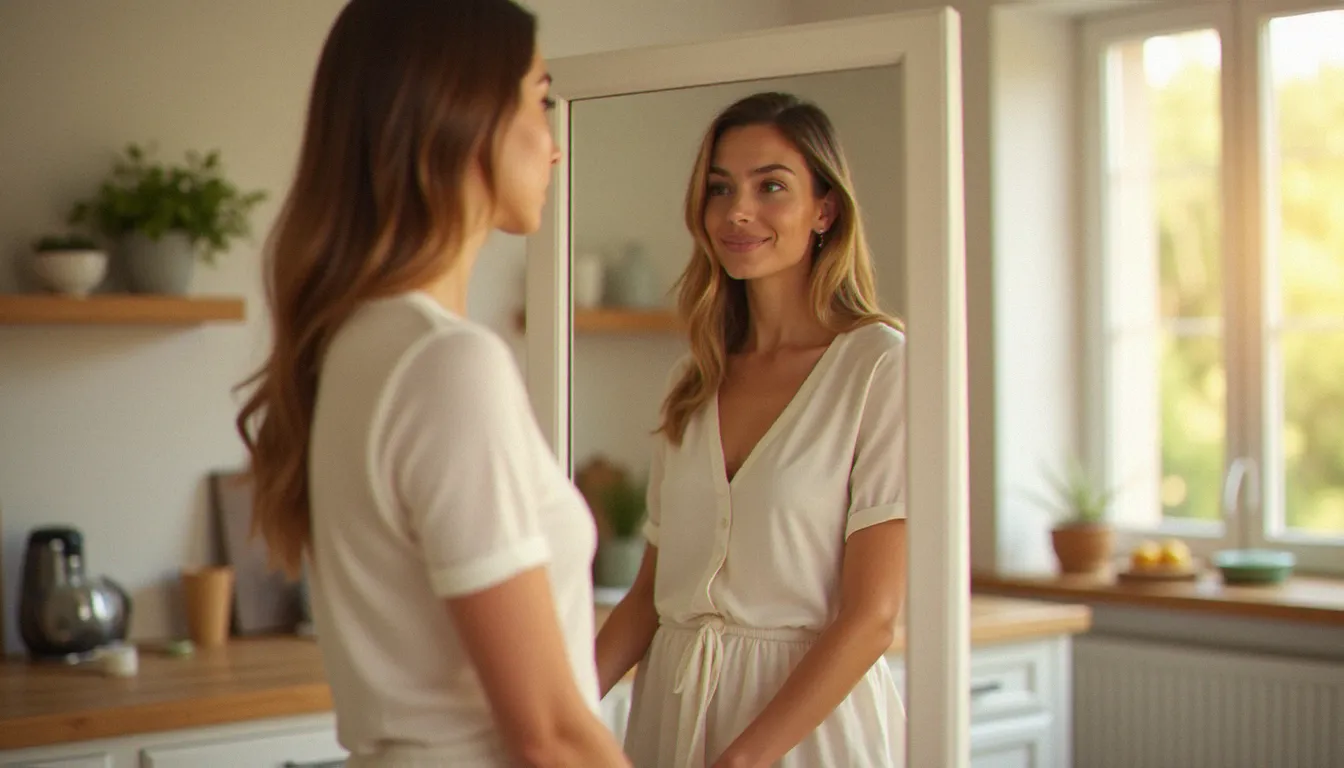 Femme endomorphe se regardant avec bienveillance dans un miroir dans une cuisine lumineuse, illustrant l'acceptation de sa morphologie et de son équilibre hormonal