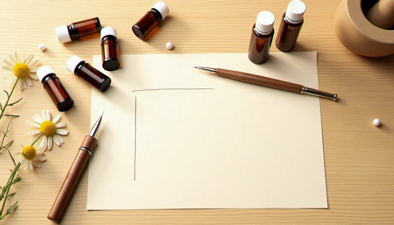 Vue de dessus de tubes de granules homéopathiques, fleurs de camomille séchées et un mortier en céramique sur une surface en bois clair, évoquant la préparation de remèdes naturels pour les règles douloureuses