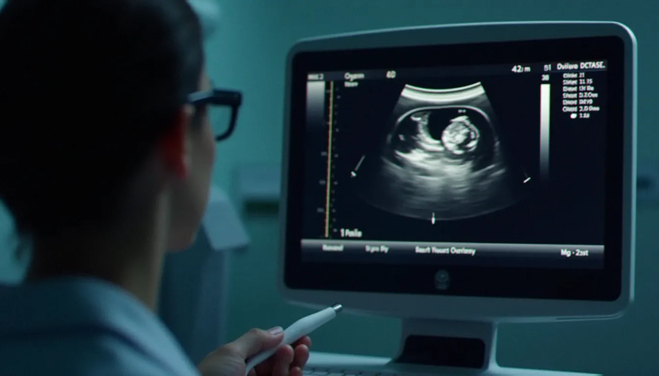 Échographie pelvienne montrant un kyste ovarien sur écran d'échographe, outil principal de diagnostic des kystes aux ovaires