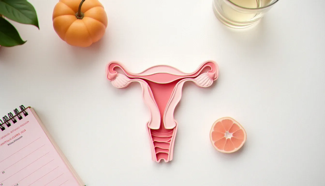 Modèle anatomique d'ovaires et utérus posé sur une table avec un journal de suivi du cycle menstruel, illustrant le lien entre kyste ovarien et cycle hormonal