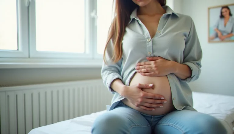 Femme aux ovaires douloureux tenant son bas-ventre lors d'une consultation gynécologique, illustrant les symptômes d'un kyste aux ovaires