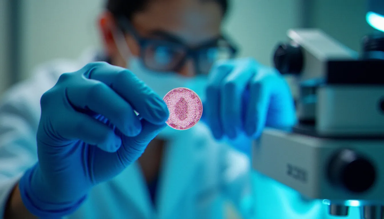 Technicien de laboratoire analysant des cellules cervicales au microscope, illustrant l'impact du sang menstruel sur la qualité du frottis