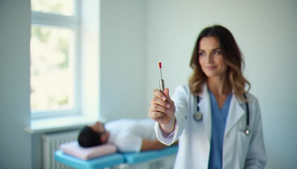 Gynécologue tenant un matériel de prélèvement pour frottis cervical lors d'une consultation, illustrant la question peut-on faire un frottis pendant les règles