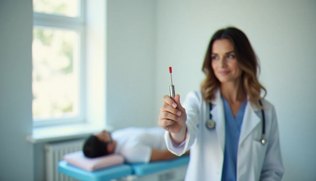 Gynécologue tenant un matériel de prélèvement pour frottis cervical lors d'une consultation, illustrant la question peut-on faire un frottis pendant les règles