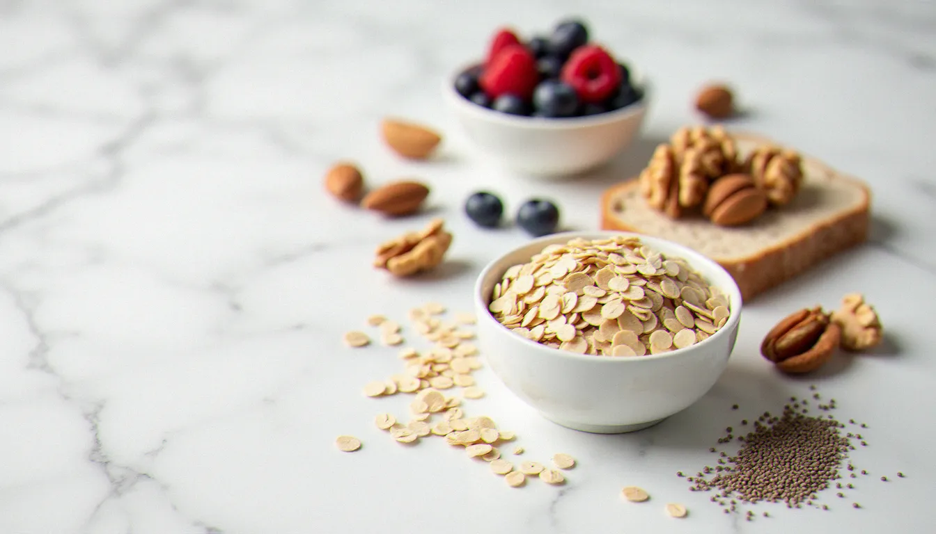Aliments à index glycémique bas — avoine, baies, noix et graines — illustrant les choix alimentaires clés d'un régime SOPK pour réguler l'insuline