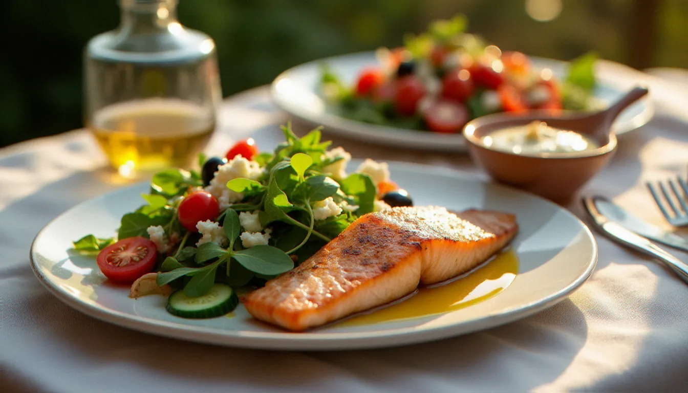 Assiette de style méditerranéen avec saumon grillé, salade colorée et humus, représentant les aliments anti-inflammatoires recommandés dans le régime SOPK