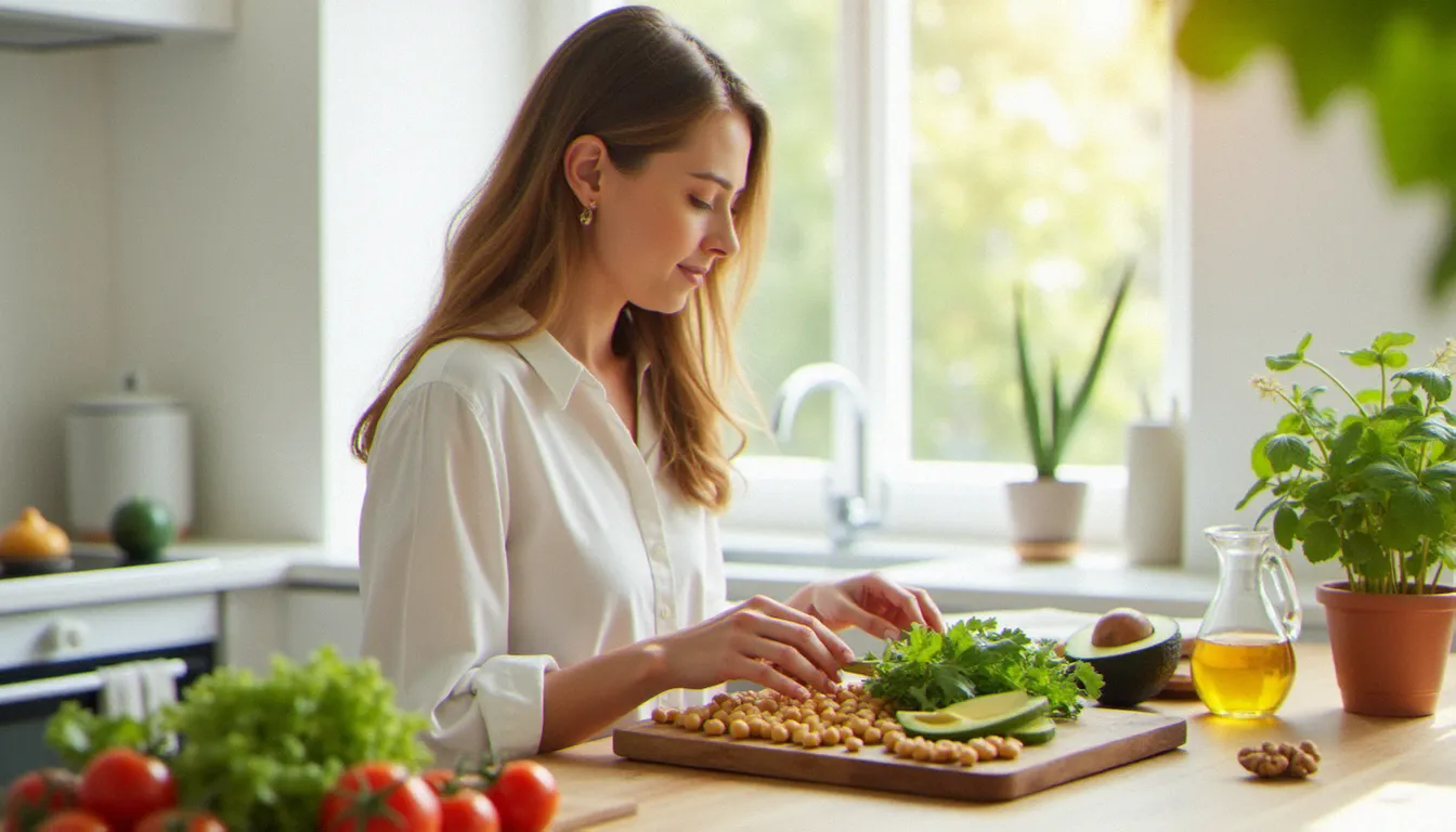 Femme préparant un repas équilibré adapté au régime SOPK avec légumes frais, légumineuses et huile d'olive sur une table lumineuse