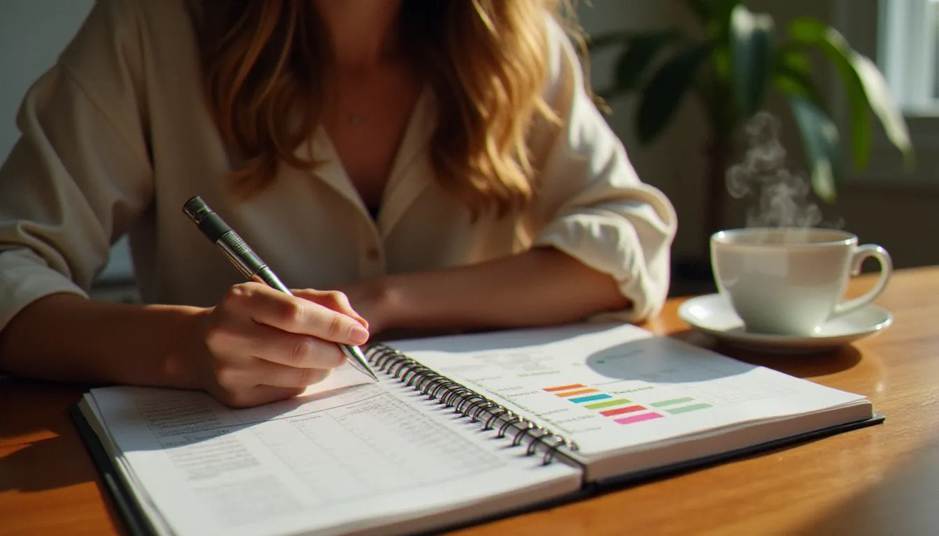 Femme consultant un journal de suivi de cycle menstruel, représentant la compréhension des phases hormonales sous pilule contraceptive