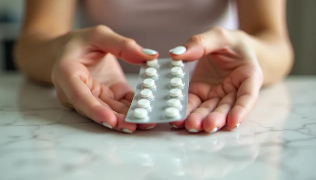 Femme tenant une plaquette de pilule contraceptive, illustrant le sujet des règles sous pilule et leur impact sur le cycle hormonal