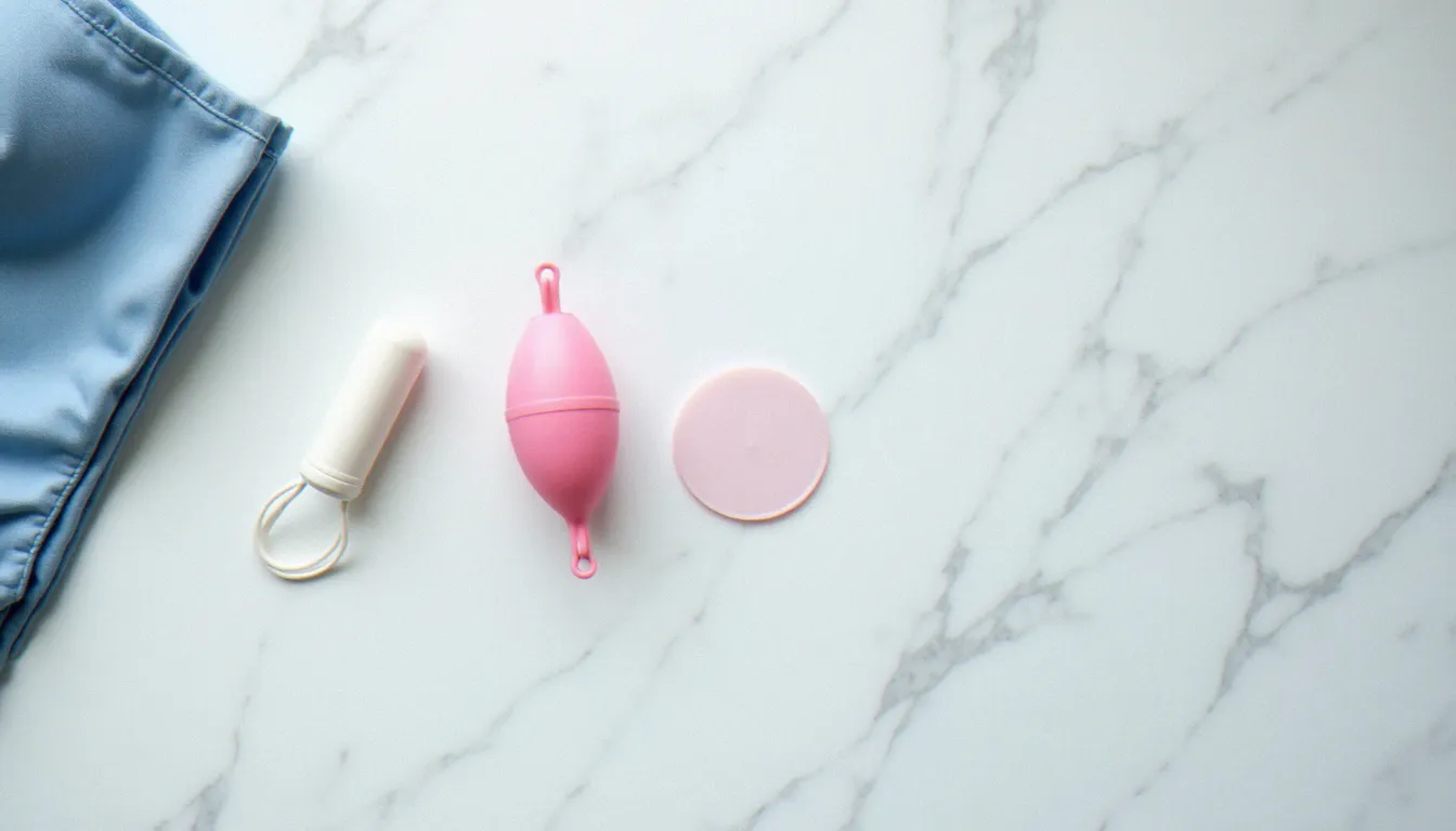 Comparatif des protections menstruelles adaptées à la baignade — tampon, coupe en silicone et disque menstruel — posés sur une surface blanche à côté d'un maillot de bain bleu