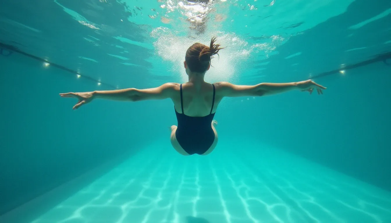 Vue sous-marine d'une femme nageant la crawl dans une piscine intérieure, illustrant l'activité physique aquatique pendant les règles pour soulager les douleurs menstruelles