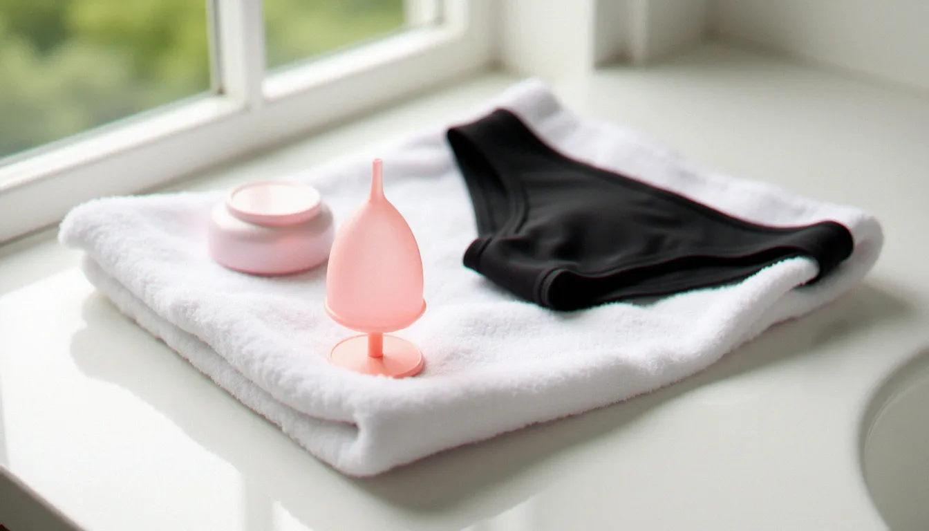 Alternatives au tampon pour la baignade pendant les règles : coupe menstruelle en silicone, disque menstruel et maillot menstruel disposés sur une serviette blanche