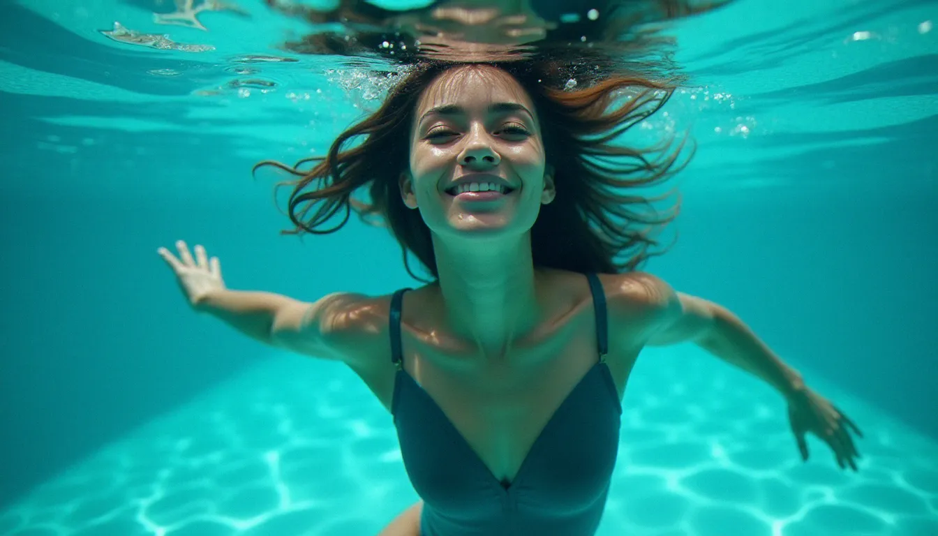 Une femme nageant sous l'eau dans une piscine, représentant la pratique de la natation pendant les règles avec une coupe menstruelle adaptée
