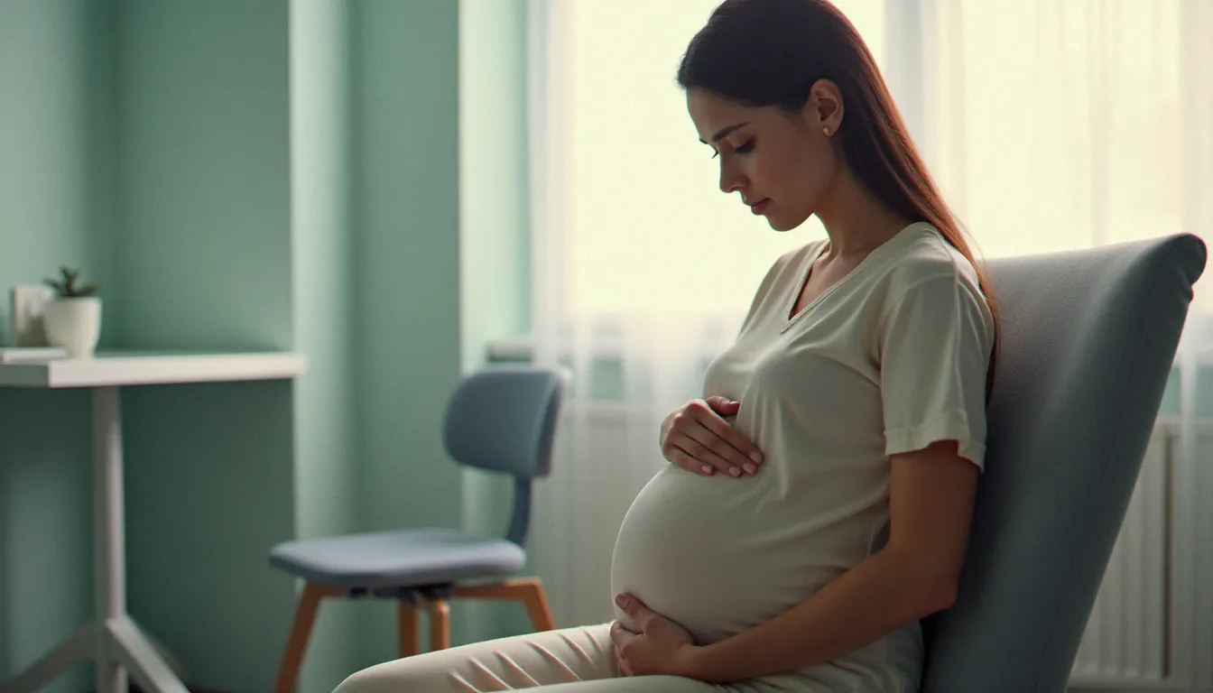 Femme enceinte en salle d'attente d'un cabinet gynécologique pour une consultation de suivi après un épisode de spotting en début de grossesse