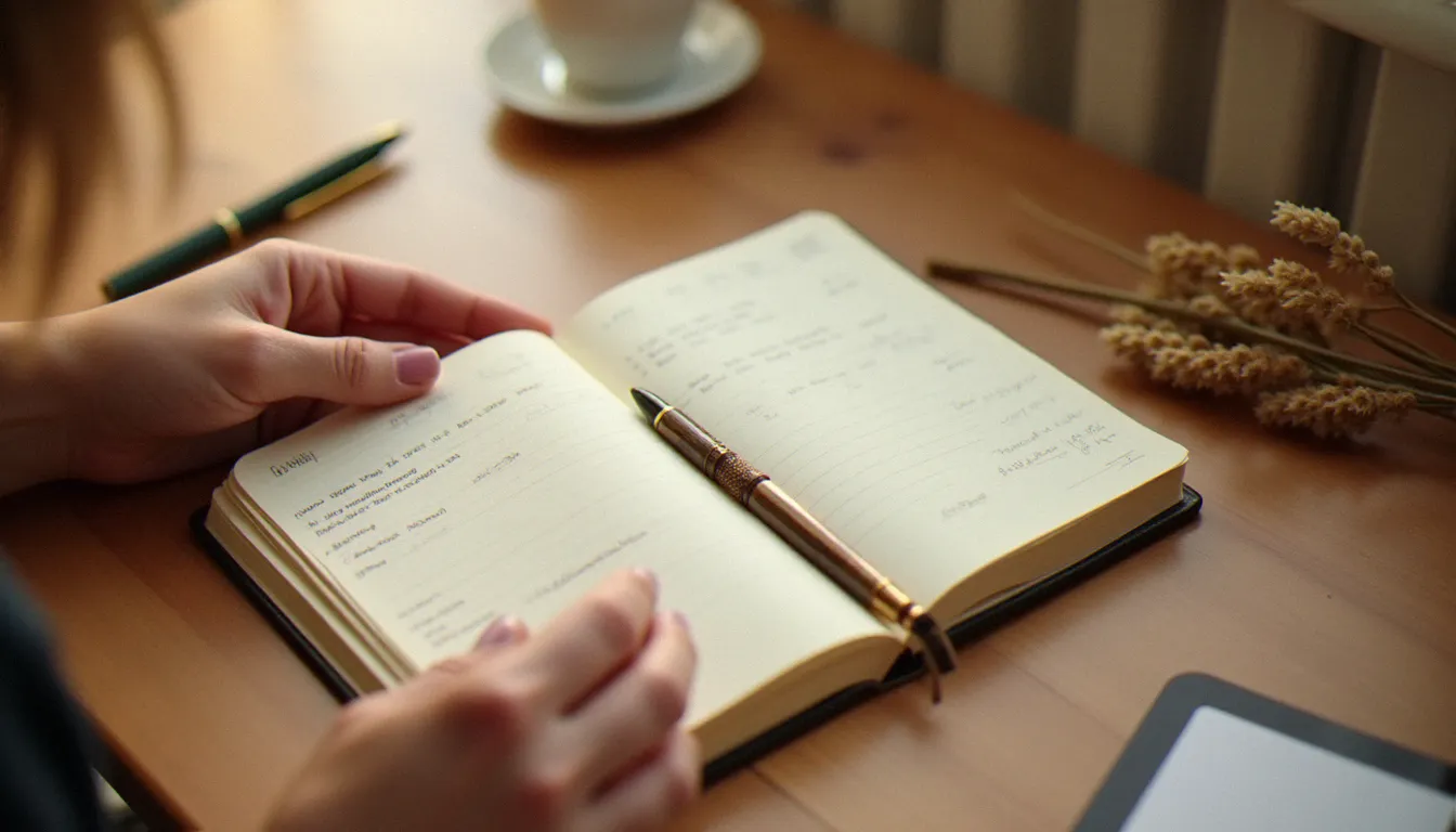 Femme consultant son journal de suivi de cycle menstruel pour noter un épisode de spotting vaginal