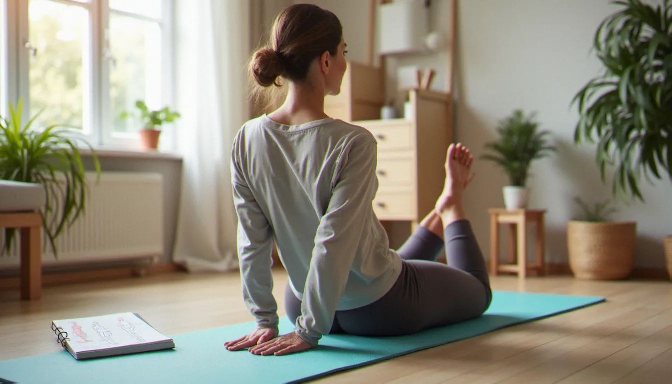 Femme faisant des exercices de rééducation du plancher pelvien sur un tapis de yoga à domicile, dans le cadre du suivi de sa santé sexuelle et hormonale