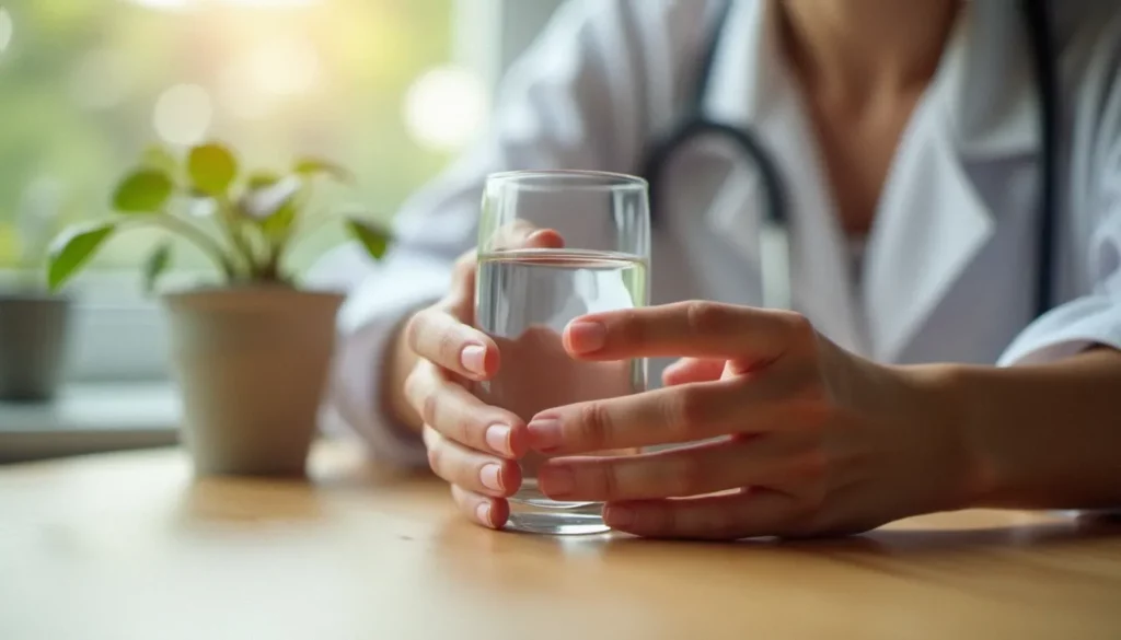 Mains féminines tenant un verre d'eau claire sur une table en bois, illustrant la composition aqueuse du liquide lors d'une abondante éjaculation féminine