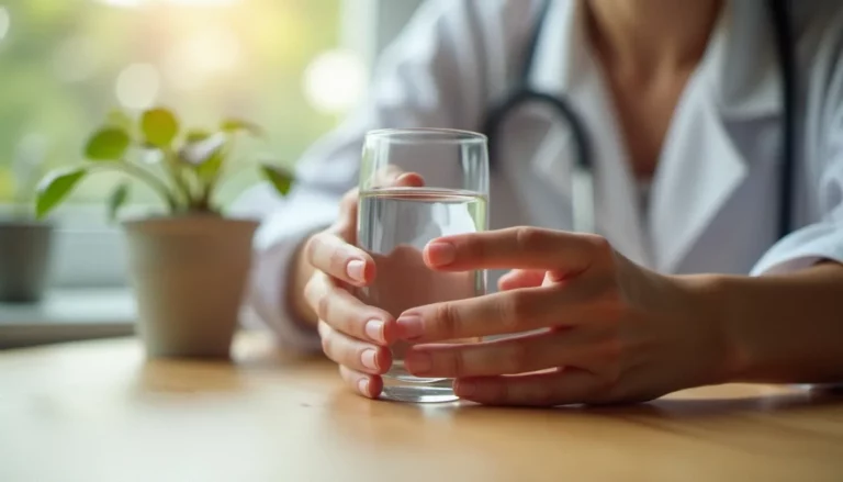 Mains féminines tenant un verre d'eau claire sur une table en bois, illustrant la composition aqueuse du liquide lors d'une abondante éjaculation féminine