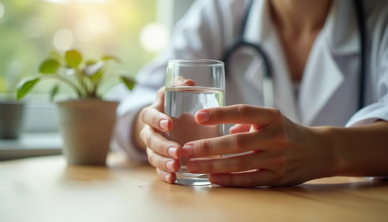 Mains féminines tenant un verre d'eau claire sur une table en bois, illustrant la composition aqueuse du liquide lors d'une abondante éjaculation féminine