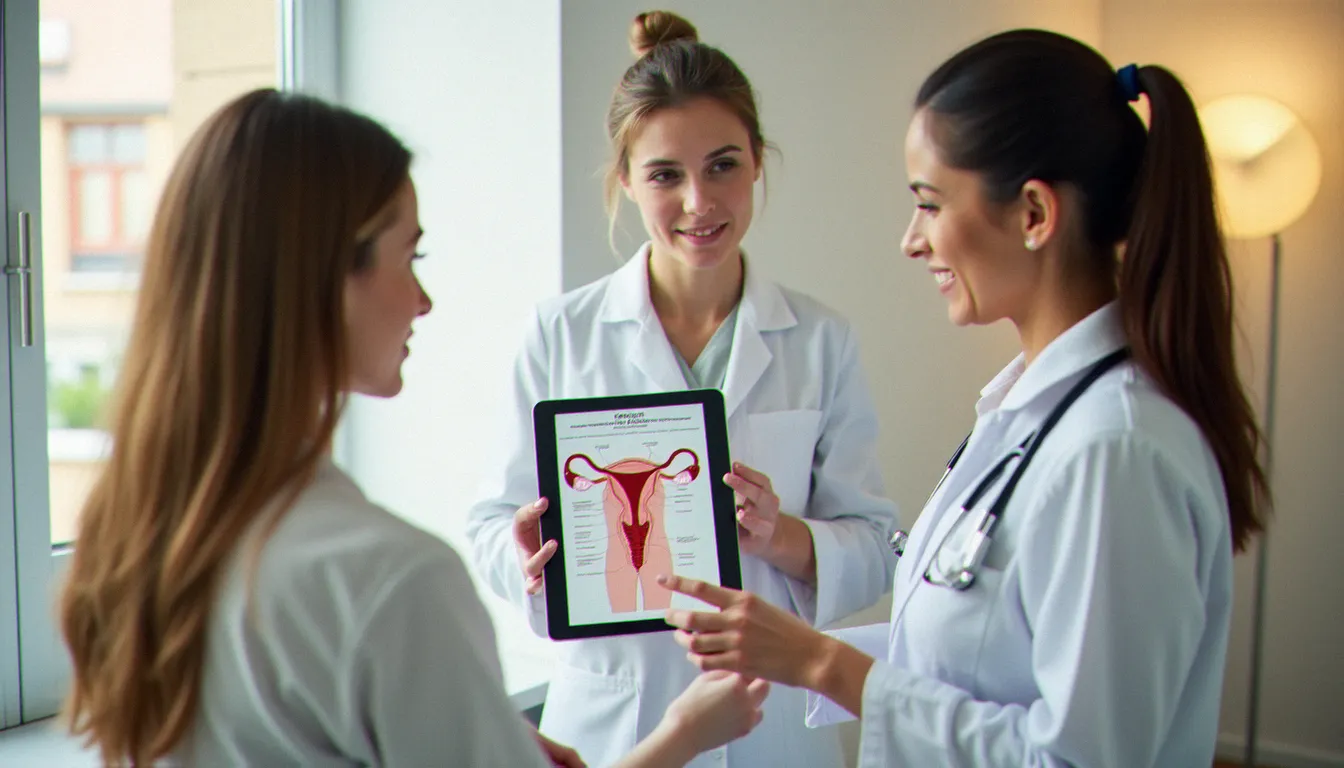 Gynécologue expliquant l'anatomie des organes reproducteurs féminins à une patiente lors d'une consultation médicale